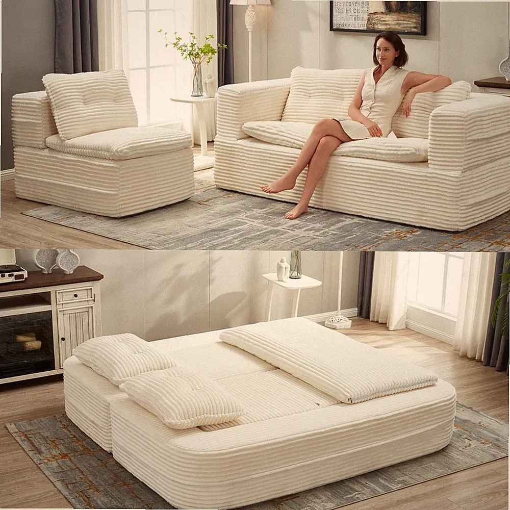 Beige Multi Functional Sectional Sofa Bed Independent Chaise Lounge Fun