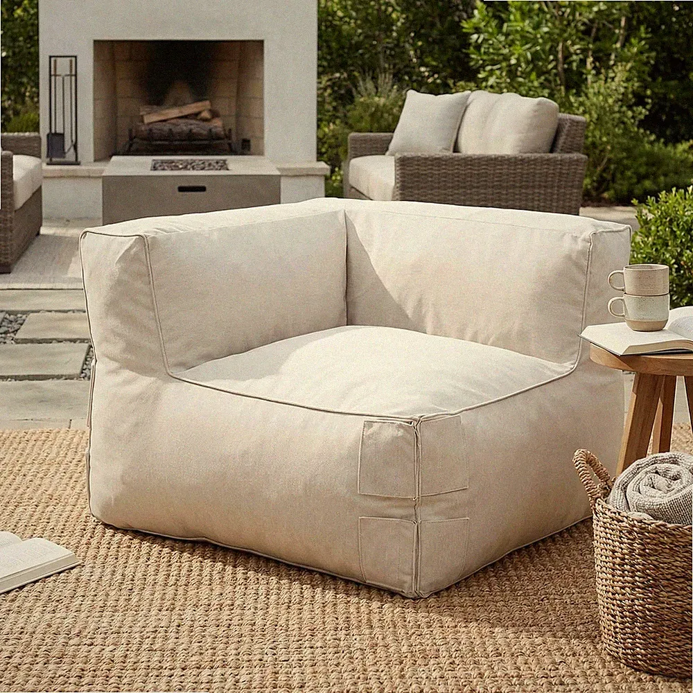 Beige Outdoor Patio Bean Bag Corner Sofa | All-Weather Modular Sectional