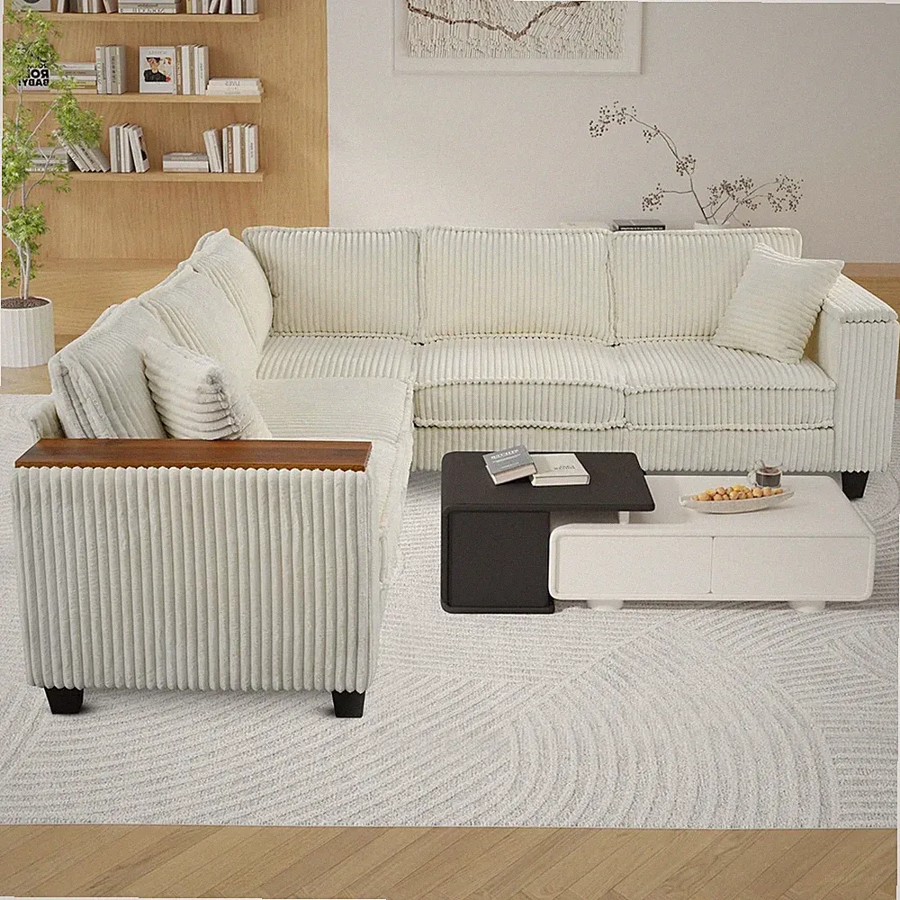 Beige Oversized L-Shaped Corduroy Sectional Sofa with Pillows & Storage
