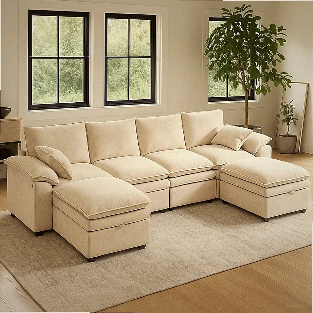 Beige Oversized U-Shaped Sectional Sofa - 6-Seater Chenille Comfort