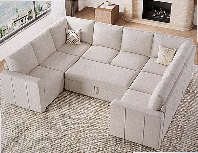 Beige Oversized U-Shaped Velvet Sleeper Couch with Pull-Out Bed