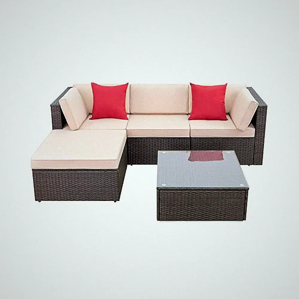 Beige Patio Sectional Sofa, All,Weather Wicker Furniture with Glass Top