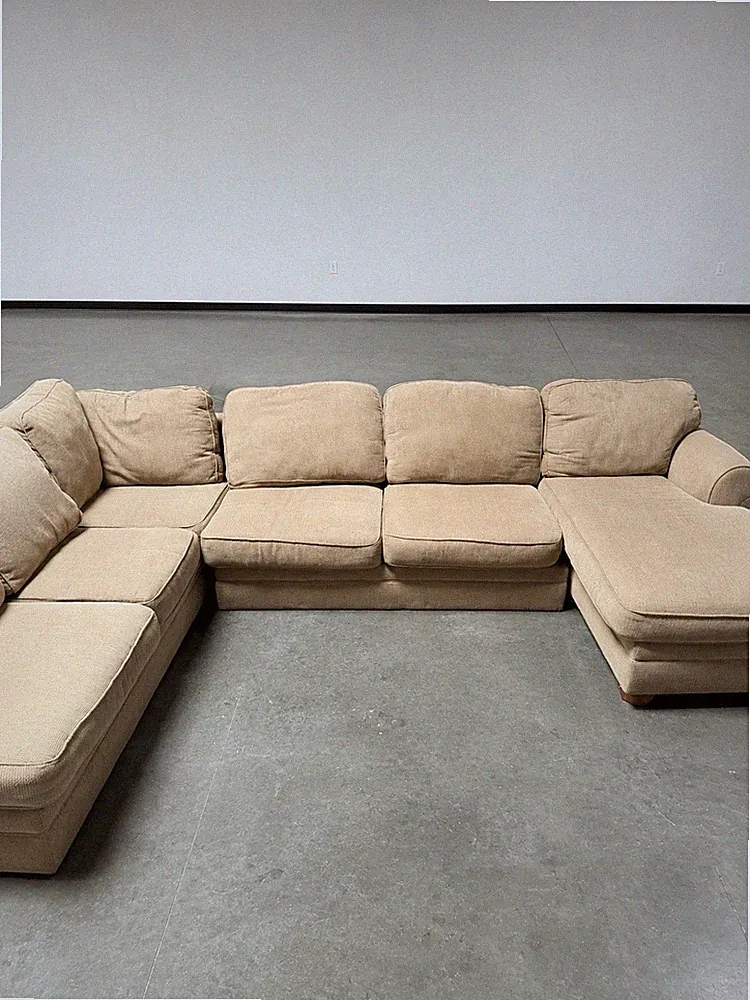 Beige Polyester Blend Fabric Sectional Sofa w/ Chaise, Rolled Arms, 4 Seat