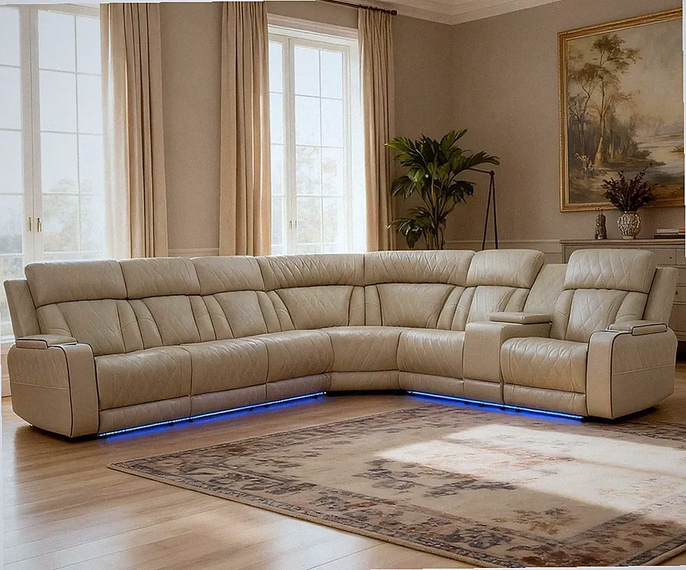 Beige Power Reclining Sectional Sofa with LED Lights & Cup Holders