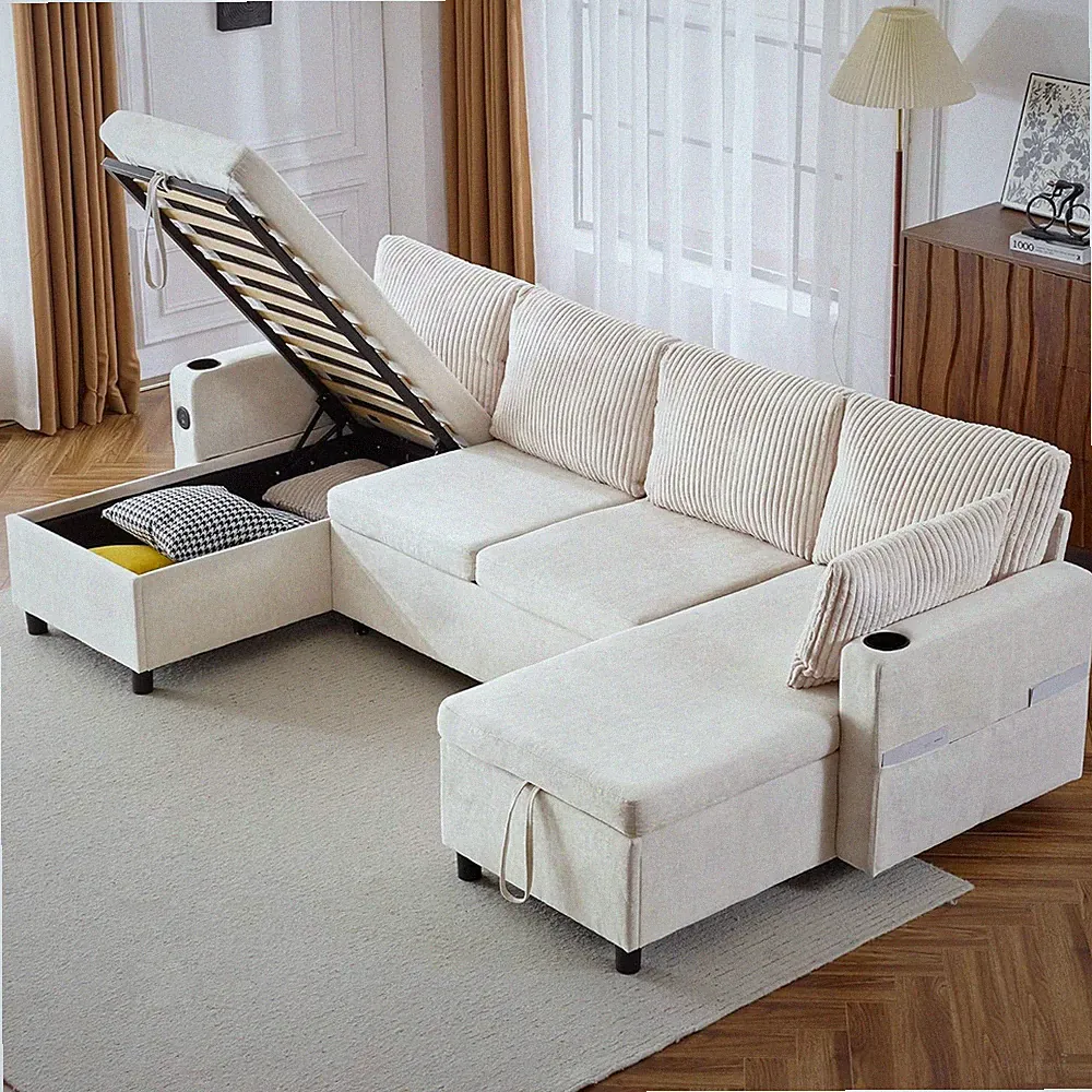 Beige Pull-Out Sofa Bed Sectional with Storage, USB & Cup Holder for Living Room