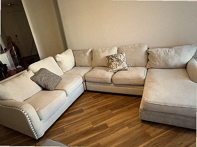 Beige Sectional Sofa 5-Seater with Chaise, Nailhead Trim, Wood Frame, Cushions