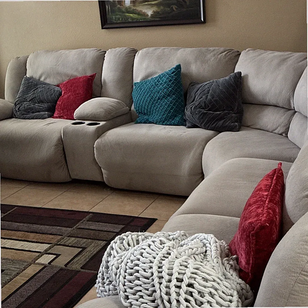 Beige Sectional Sofa for Living Room, 5-Seater with Cup Holder & Accent Pillows