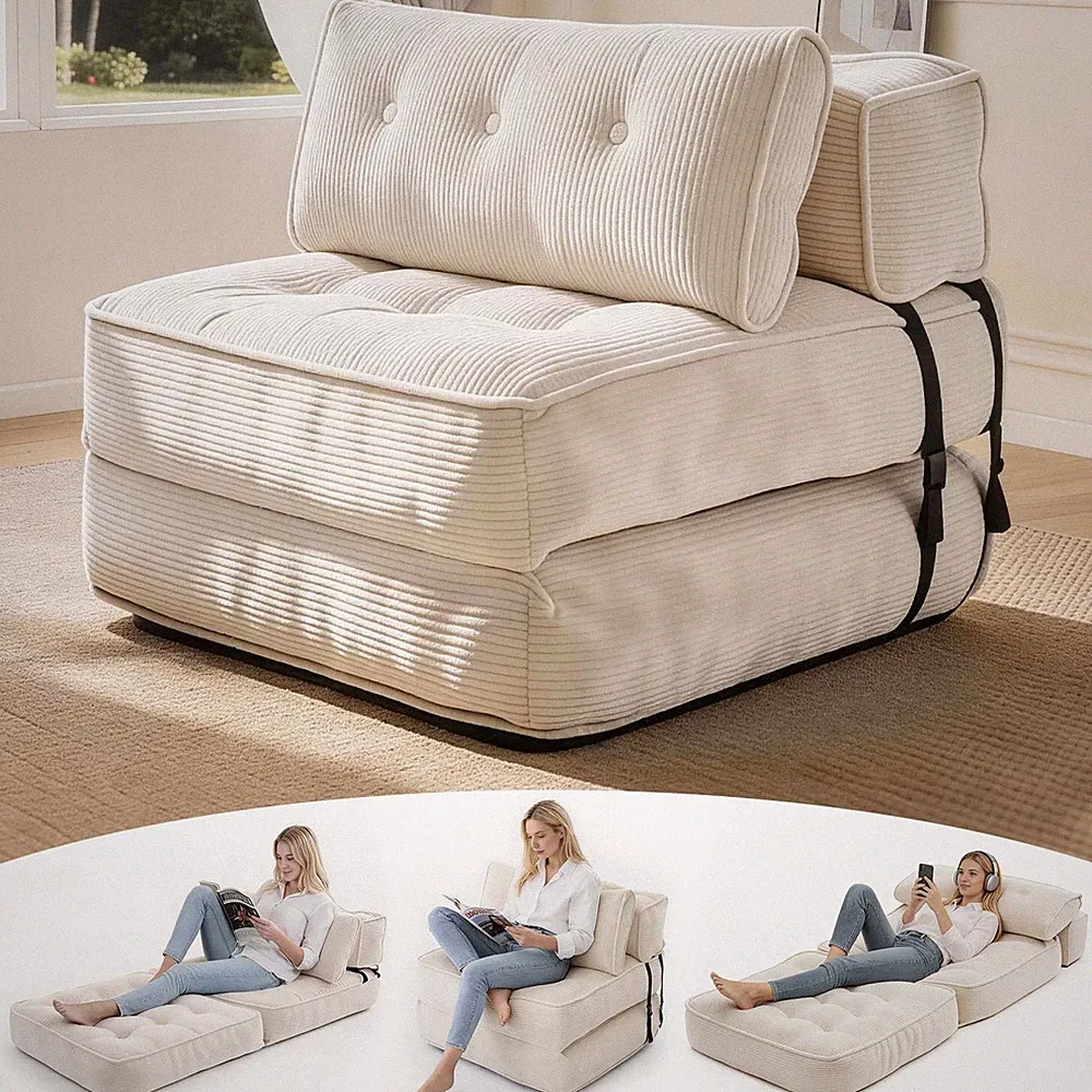 Beige Single Folding Sofa Bed Convertible Sleeper Chair With Back Support