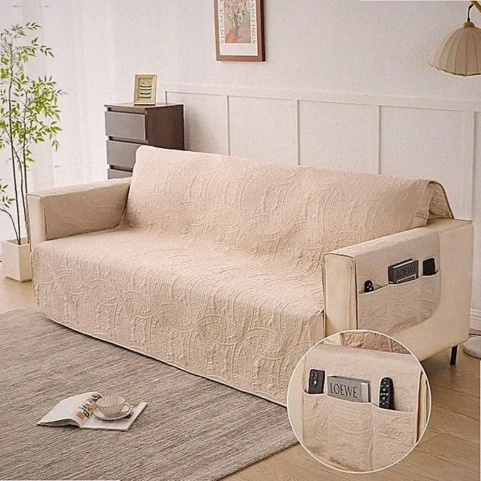 Beige Sofa Cover for Couch 68 Inch Stretch Washable Slipcover Non-Slip