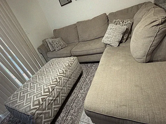 Beige Solid 100% Cotton Sectional Sofa Couch w/ Cushions 32in H