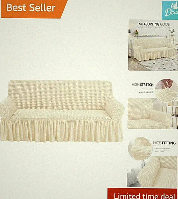 Beige Stretch Fitted Sofa Slipcover for 3 Cushion Couch - Easy Care & Washable