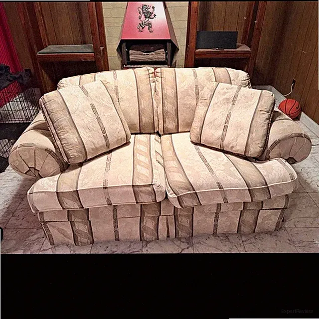 Beige Tan Striped Rolled Arm Sofa, Cushion Back, With Cushions, 3-Seat