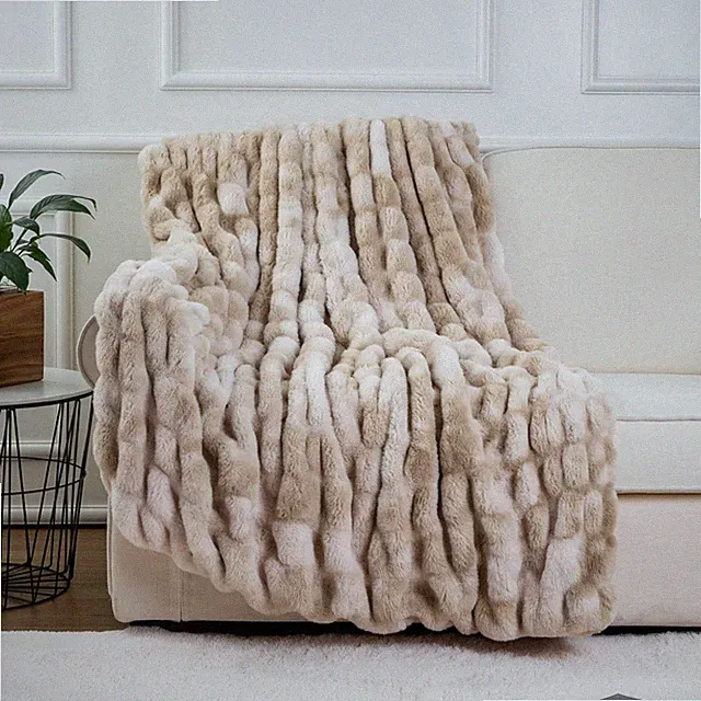 Beige Tie-Dye Faux Fur Throw Blanket - Soft, Plush, Reversible 60"x80