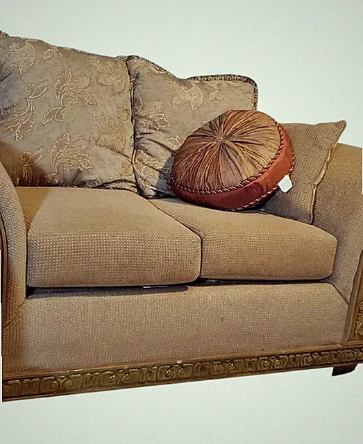 Beige Traditional Loveseat, Oak Wood Trim, W/Removable Cushions