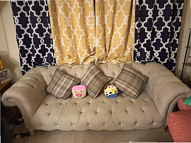 Beige Tufted Camelback Sofa 3-Seat Rolled Arms w/ Cushions Fabric
