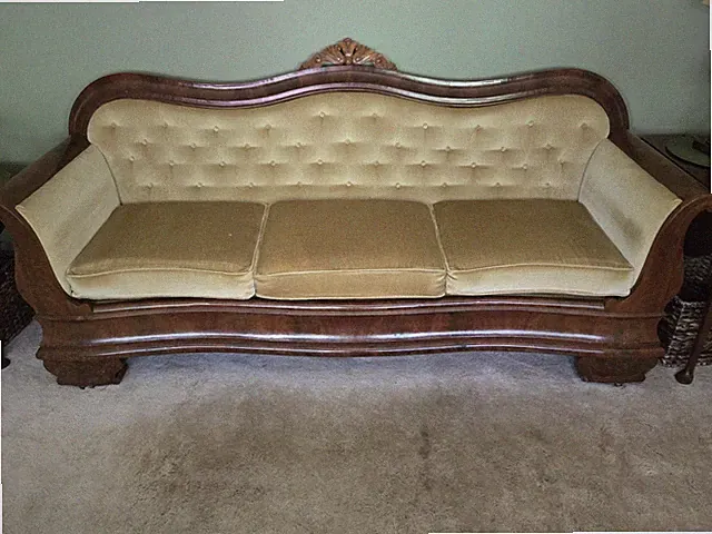 Beige Tufted Chesterfield Fabric Sofa w/ Cushions, Carved Brown Wood Frame
