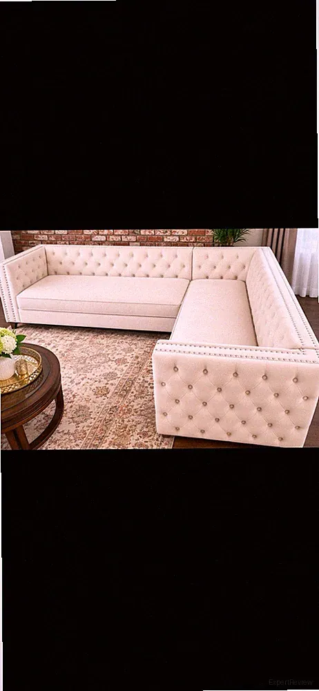 Beige Tufted L-Shaped Sectional Sofa with Cushions, Solid, Living Room