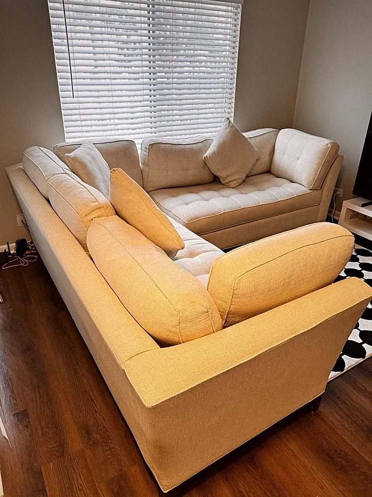 Beige Tufted Sectional Sofa w/ Chaise & Matching Ottoman, Track Arms