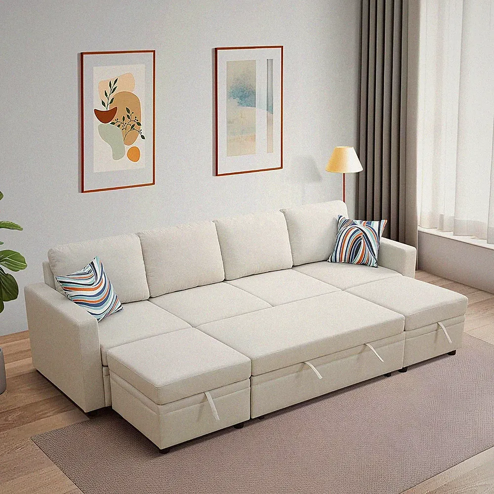 Beige U-Shape Sleeper Sofa Bed with Storage Chaise for Living Room & Office