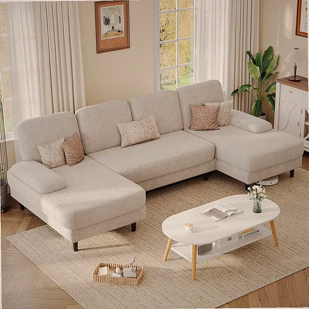 Beige U-Shaped Sectional Couch with Double Chaise for Small Spaces
