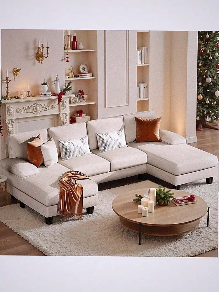 Beige U-Shaped Sectional Sofa With Adjustable Backrest And Sleeper