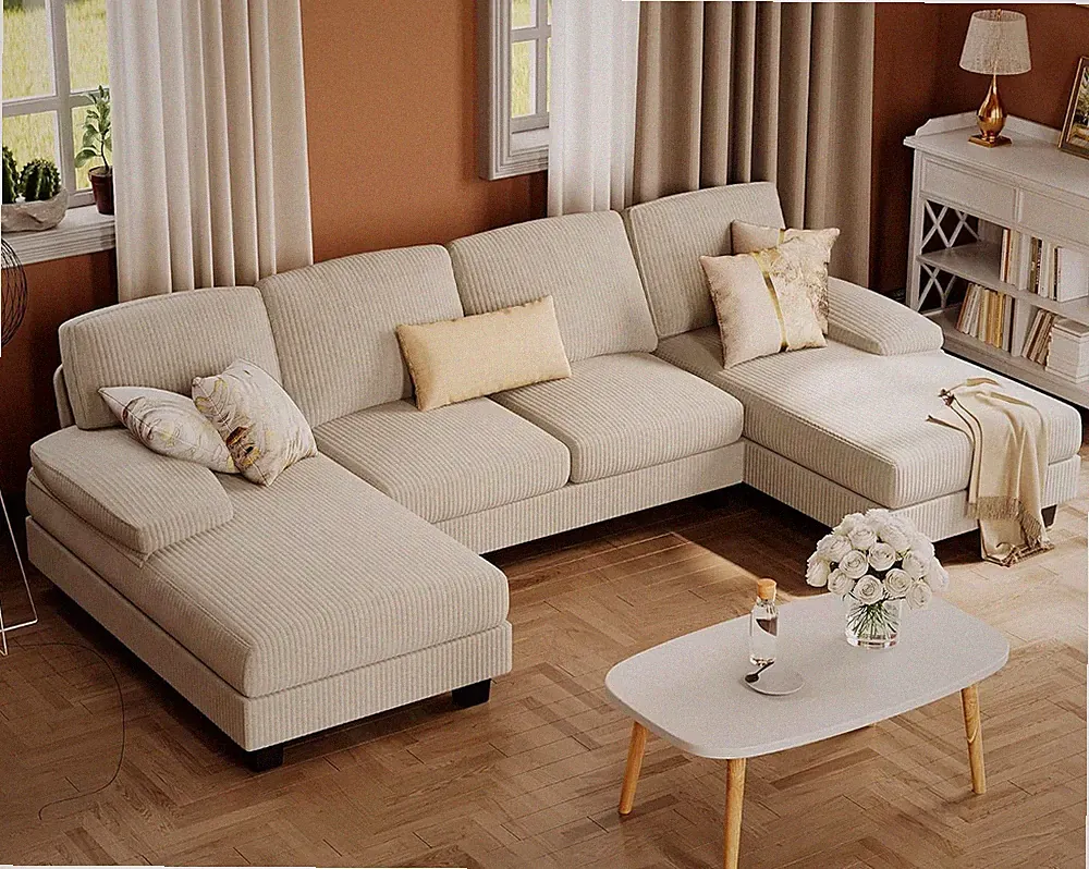 Beige U-Shaped Sectional Sofa with Double Chaise for Cozy Living Rooms