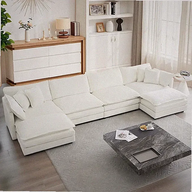 Beige U-Shaped Sectional Sofa with Ottomans - Cozy 4-Seater Comfort