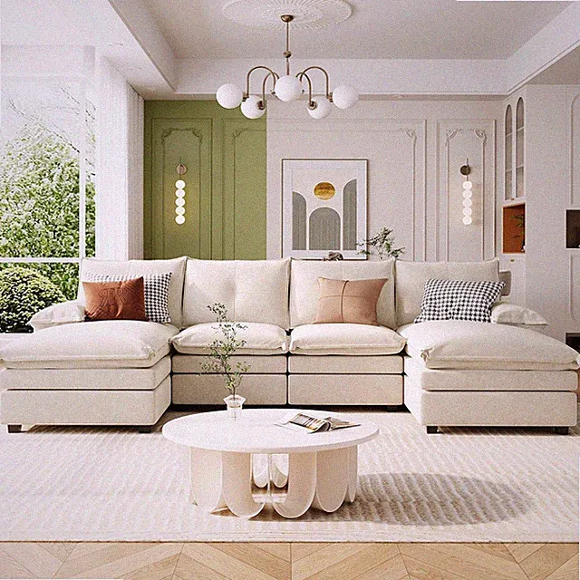 Beige U-Shaped Sectional Sofa with Pillows | 5-Seater