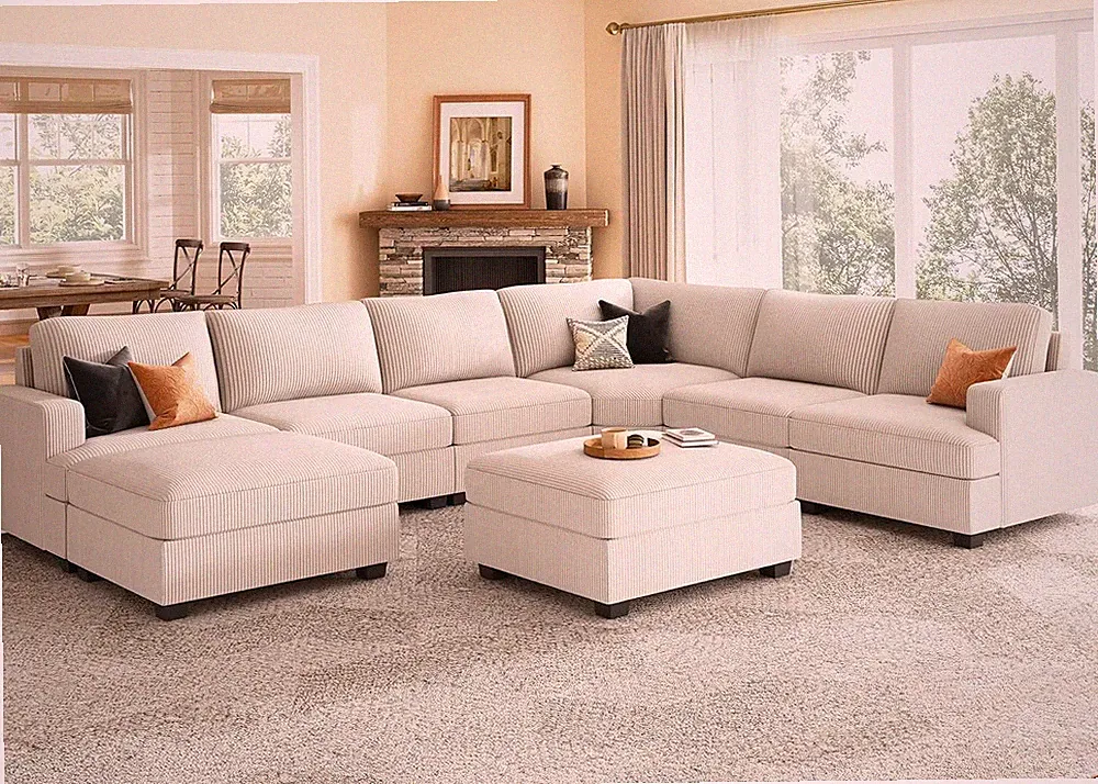 Beige U-Shaped Sectional Sofa with Storage Ottoman & Chaise for Living Room