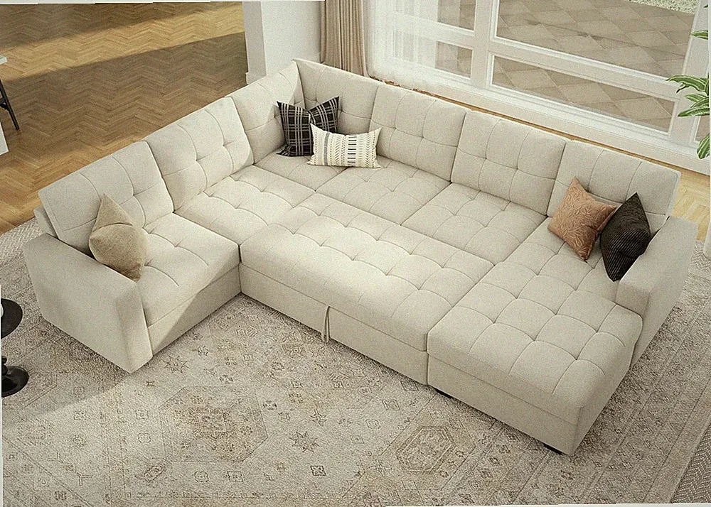 Beige U-Shaped Sleeper Sectional Sofa with Pull-Out Bed & Storage Chaise
