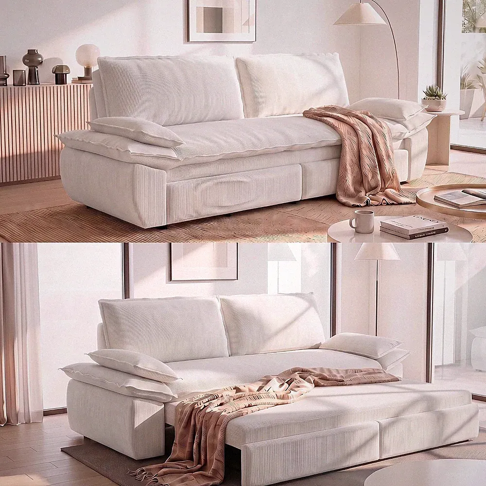 Beige Velvet Convertible Queen Sofa Bed - Easy Pull Out Sleeper Couch