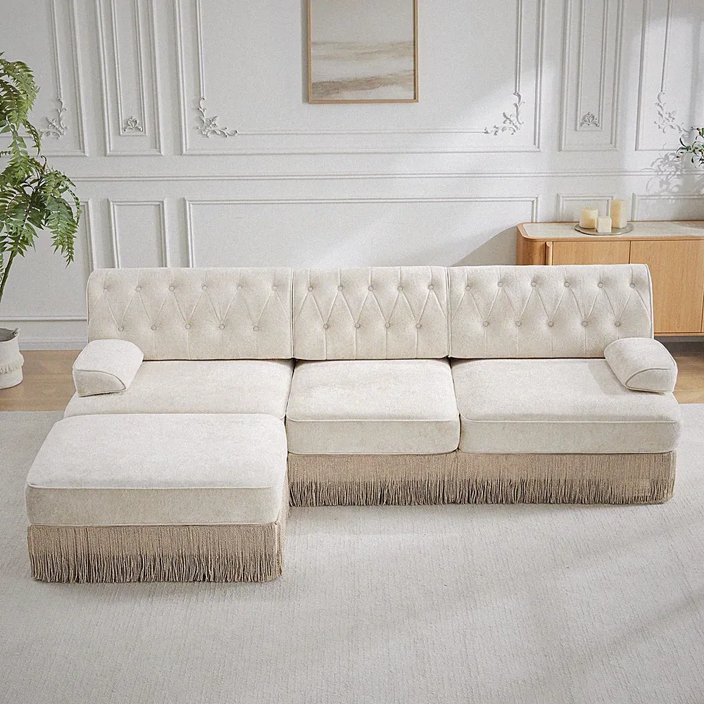 Beige Velvet Modular Sectional Sofa 3-Seater w/ Ottoman & Tufted Cushions