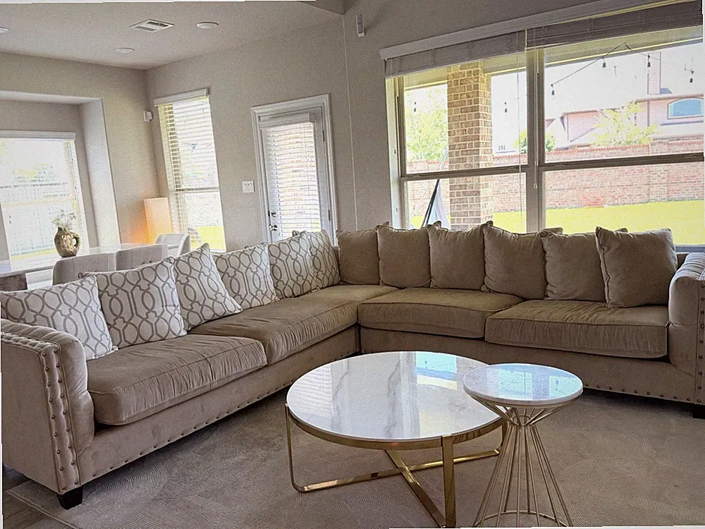 Beige Velvet Sectional Sofa Mid-Century Modern Track Arm 5-Seat Cushions