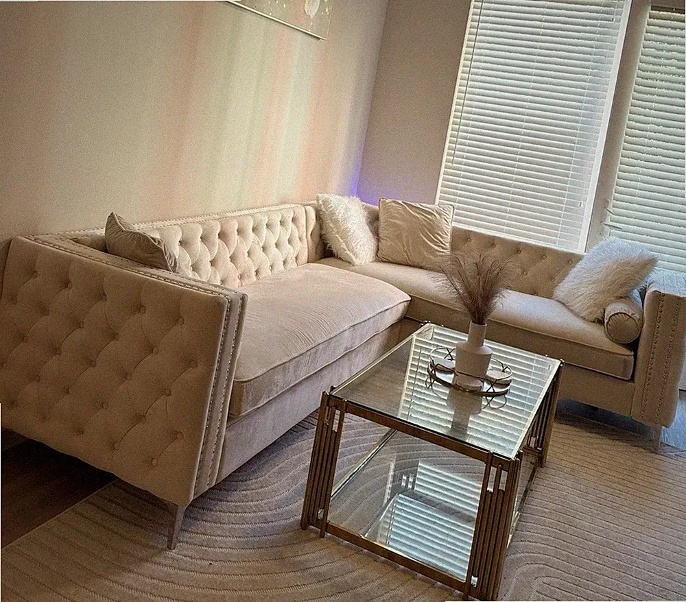 Beige Velvet Tufted 2-Piece Sectional Sofa, Chesterfield Arms, 6 Seat