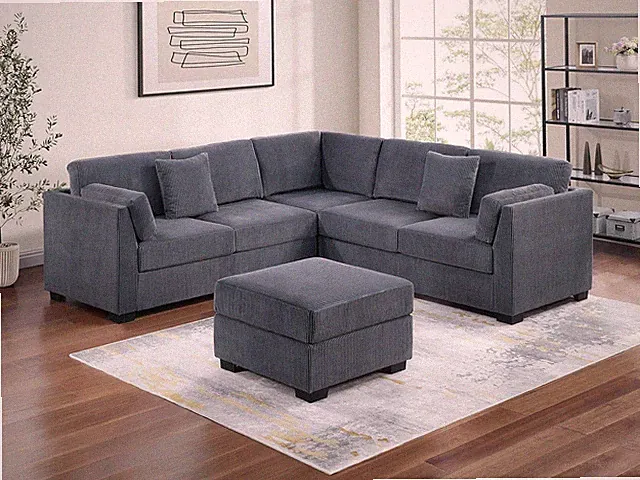 Belper 4-Piece Dark Gray Corduroy Sectional Set with Ottoman