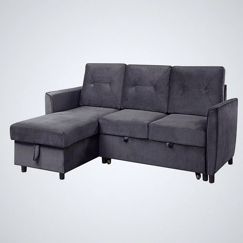 Benjara 83" Reversible Sleeper Sectional Sofa with Storage Chaise- Gray Velvet