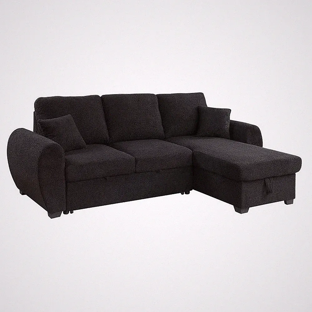 Benjara 95" Sleeper Sectional Sofa with Storage Chaise- Black Teddy Fleece