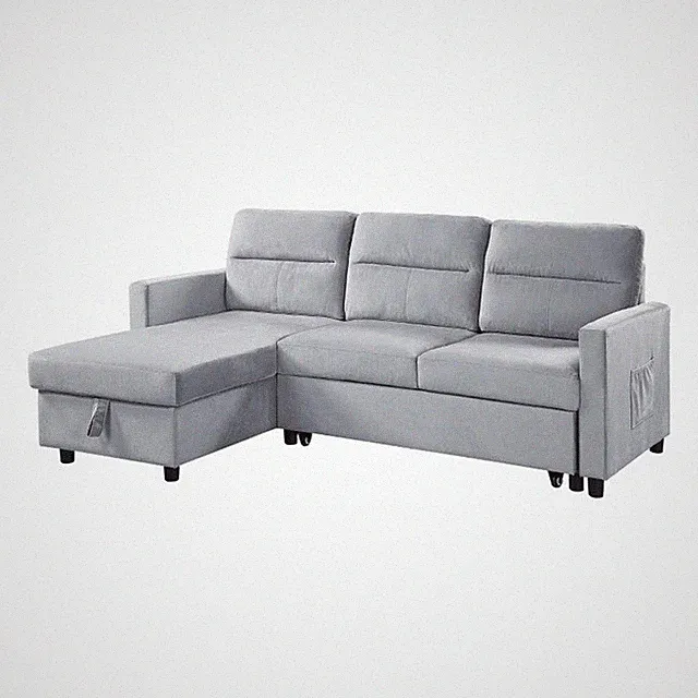 Benjara Ami 82" Modern Reversible Sleeper Sofa with Chaise- Side Pocket- Gray