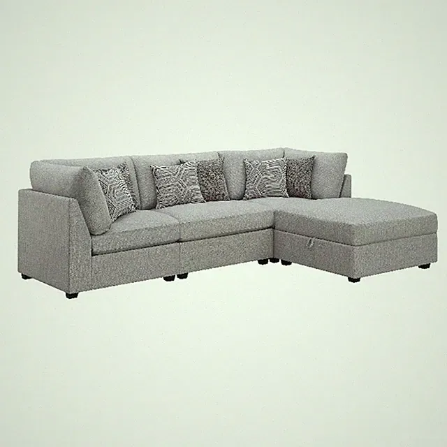 Benjara Cambia 4 Piece Modular Sectional Sofa Set w Ottoman- Gray- 6 Pillows