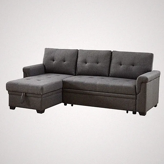 Benjara Elliot 84" Sleeper Sectional Sofa with Storage Chaise- Dark Gray Linen