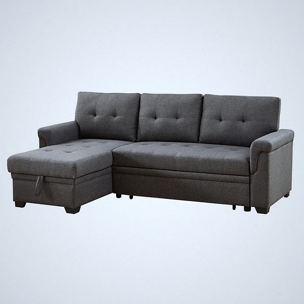 Benjara Elliot 84" Sleeper Sectional Sofa with Storage Chaise- Dark Gray Linen