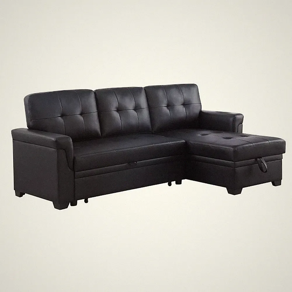 Benjara Eny 84" Sleeper Sectional Sofa with Storage Chaise- Tufted Back- Black
