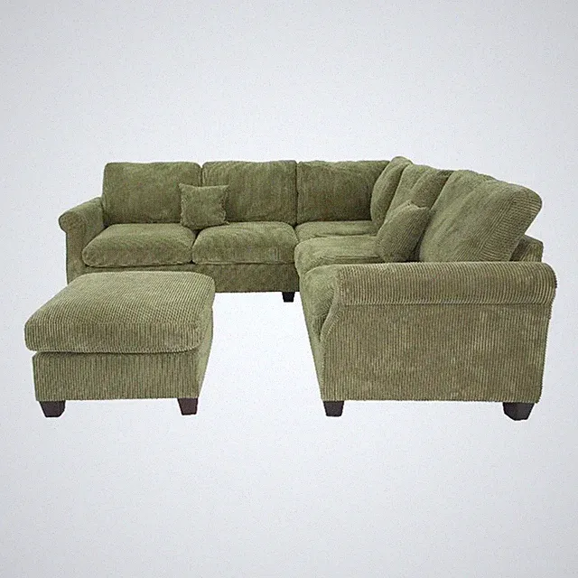 Benjara Fero 4pc L Sectional Sofa- Wedge n Ottoman Set- Sage Green Corduroy
