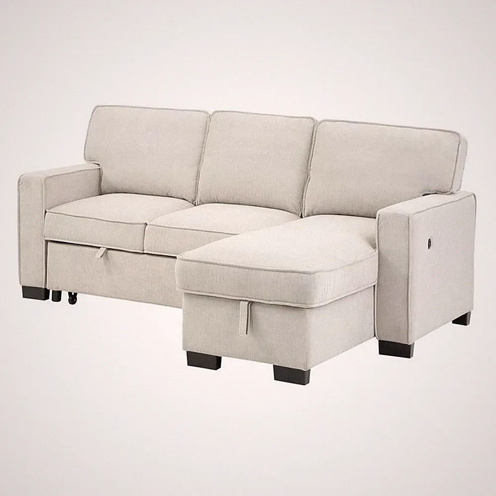Benjara Joanne 87" Sleeper Sectional Sofa with Storage Chaise- Beige Fabric