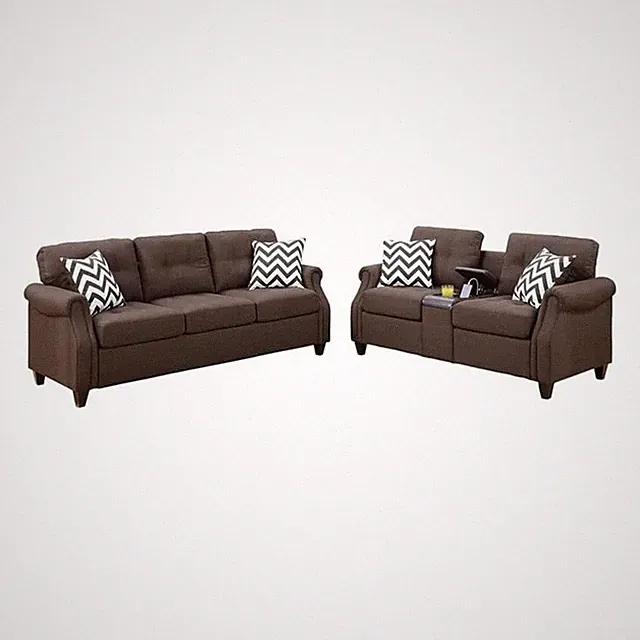 Benjara Noa Modern 2 Piece Sofa Loveseat Set- 4 Pillows- USB Ports- Dark Brown