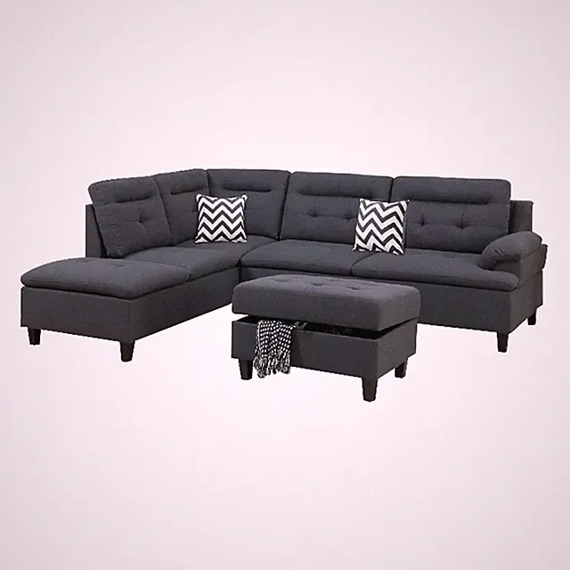 Benjara Olga 3 Piece L Shape Sectional Sofa- Ottoman- 2 Pillows- Charcoal Gray