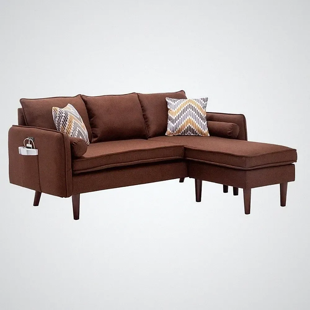Benjara Ranon 70" Sectional Chaise Sofa- Pillows- USB Ports- Side Pockets Brown