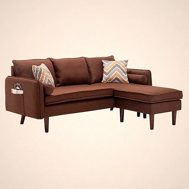 Benjara Ranon 70" Sectional Chaise Sofa- Pillows- USB Ports- Side Pockets Brown