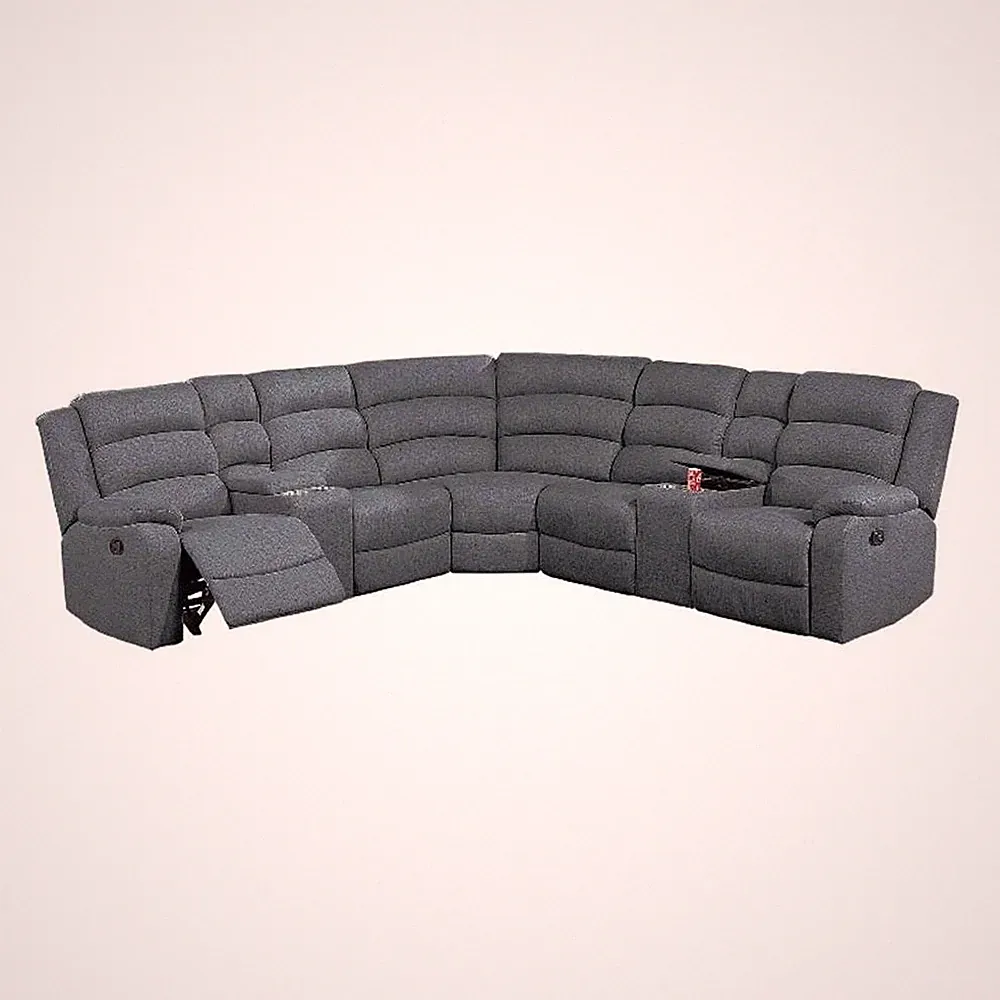 Benjara Rexy L Shape Sofa- 3pc Manual Reclining Sectional- Dark Gray Burlap