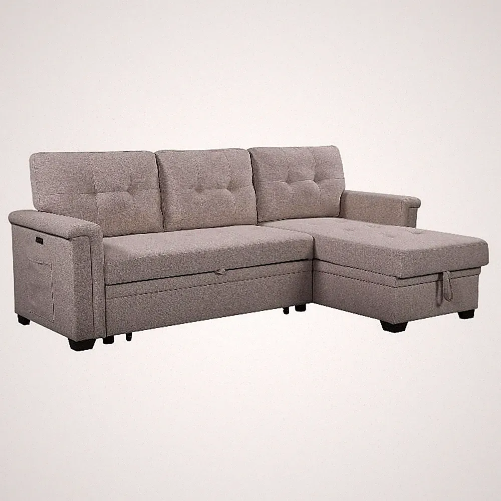 Benjara Ruben 84" Reversible Sleeper Sectional Sofa with Storage Chaise- Gray